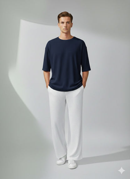 Chill Mode – Relaxed Oversized Tee & Trouser Set - NAVY BLUE/WHITE