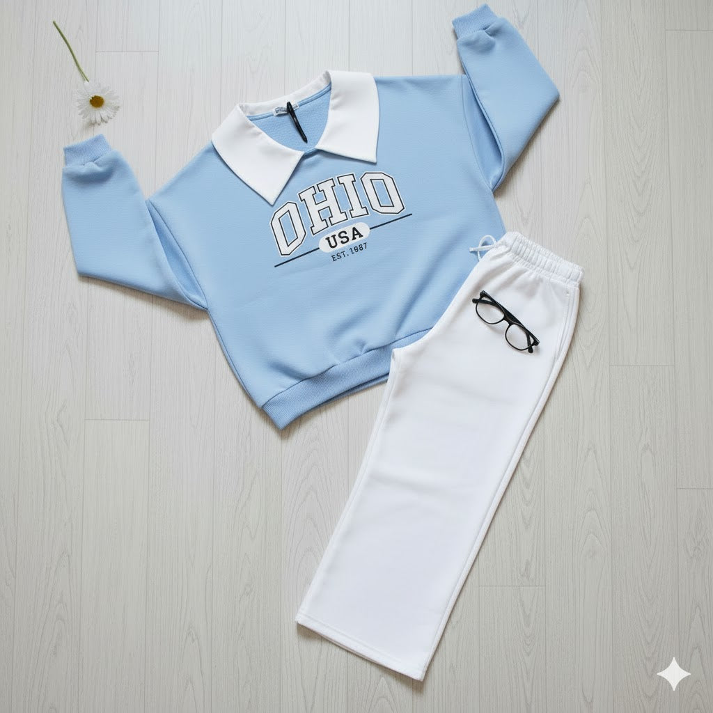 “OHIO USA” Fleece Collar Sweatshirt & White Wide Leg Trouser Co-ord Set