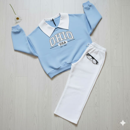 “OHIO USA” Fleece Collar Sweatshirt & White Wide Leg Trouser Co-ord Set
