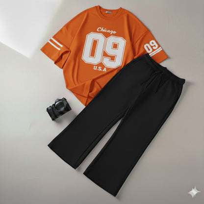 Urban Orange Drop Shoulder Graphic  Chicago 09 Tee & Black Wide-Leg Trouser Baggy Set