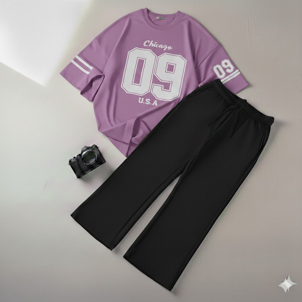 Urban Lilac Drop Shoulder Graphic  Chicago 09 Tee & Black Wide-Leg Trouser Baggy Set
