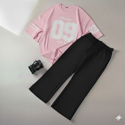 Urban Baby Pink Drop Shoulder Graphic  Chicago 09 Tee & Black Wide-Leg Trouser Baggy Set