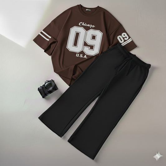 Urban Drop Shoulder Graphic  Chicago 09 Tee & Black Wide-Leg Trouser Baggy Set