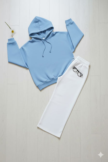 Cozy Sky Blue Hoodie & Classic White Wide-Leg Trouser Set