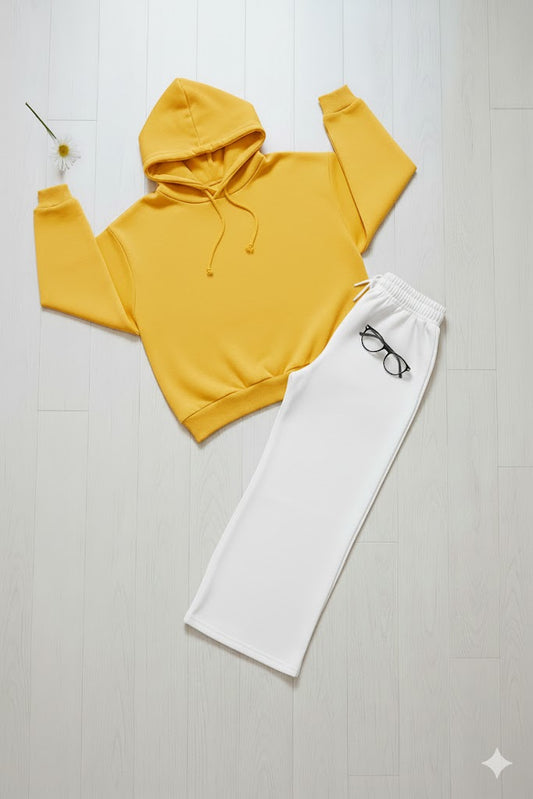 Cozy Yellow Hoodie & Classic White Wide-Leg Trouser Set