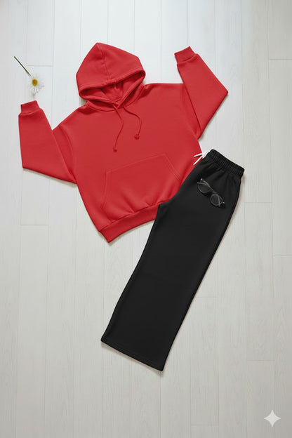 Cozy Red Hoodie & Classic Black Wide-Leg Trouser Set