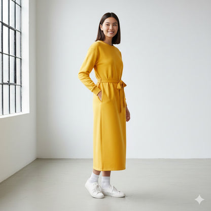 Chic YELLOW Longline Belted Sweatshirt With Side Pockets