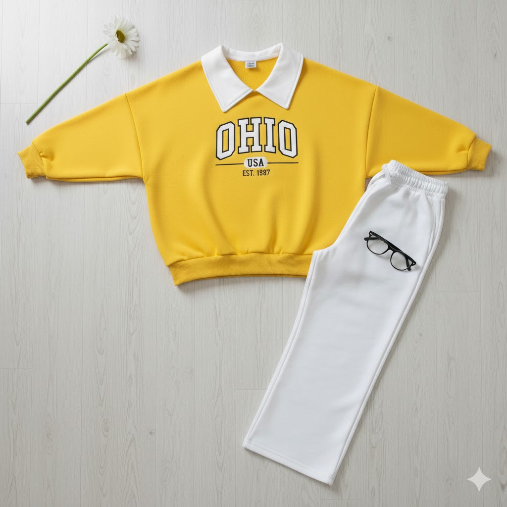 “OHIO USA” Fleece Collar Sweatshirt & White Wide Leg Trouser Co-ord Set