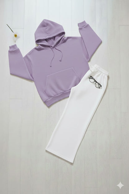 Cozy Lilac Hoodie & Classic White Wide-Leg Trouser Set