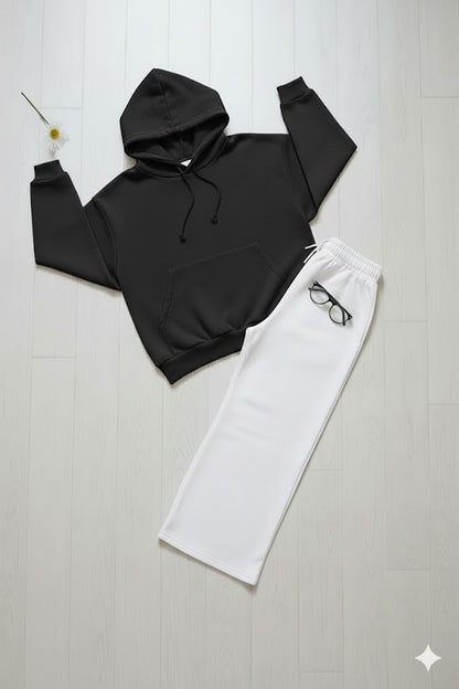Cozy Black Hoodie & Classic White Wide-Leg Trouser Set
