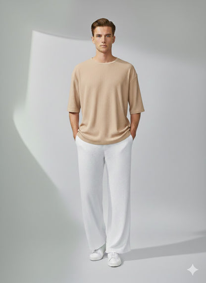 Chill Mode – Relaxed Oversized Tee & Trouser Set - BEIGE/WHITE