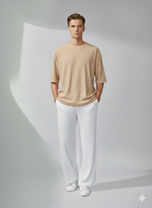 Chill Mode – Relaxed Oversized Tee & Trouser Set - BEIGE/WHITE