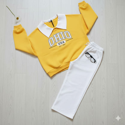 “OHIO USA” Fleece Collar Sweatshirt & White Wide Leg Trouser Co-ord Set