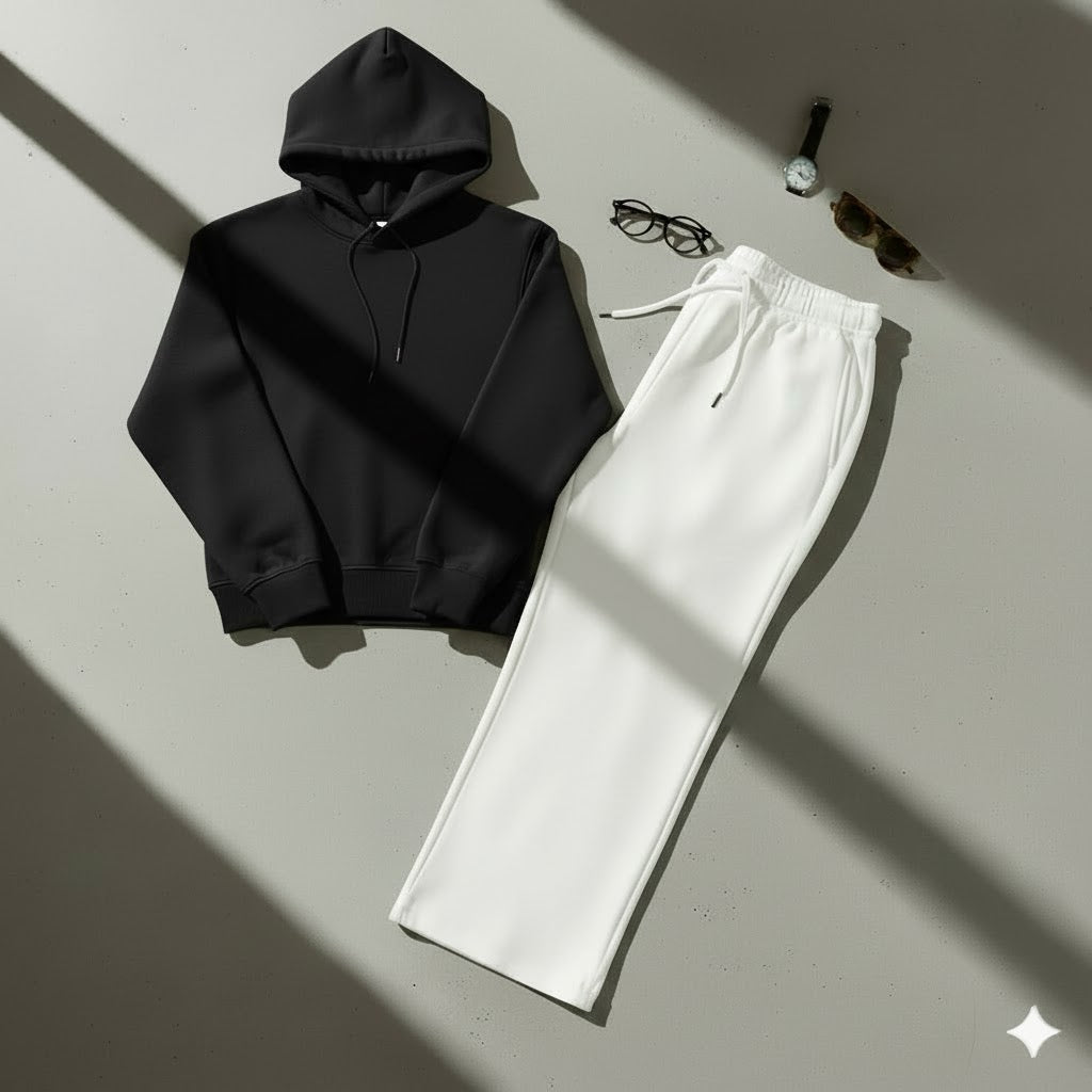 Cozy Black Hoodie & Classic White Wide-Leg Trouser Set