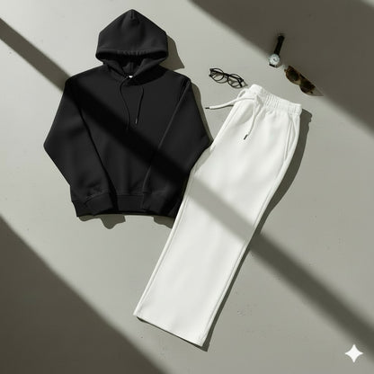 Cozy Black Hoodie & Classic White Wide-Leg Trouser Set