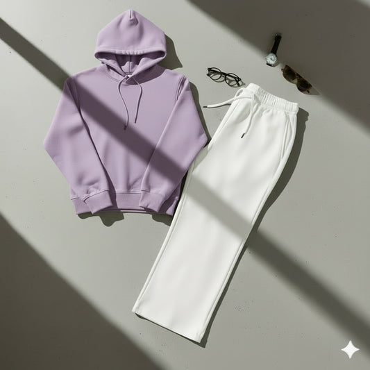Cozy Lilac Hoodie & Classic White Wide-Leg Trouser Set