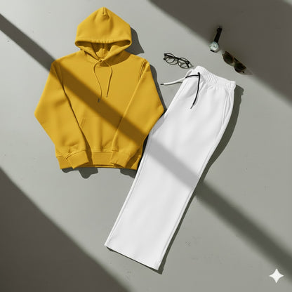 Cozy Yellow Hoodie & Classic White Wide-Leg Trouser Set