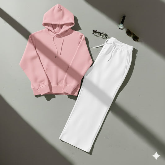 Cozy Pink Hoodie & Classic White Wide-Leg Trouser Set