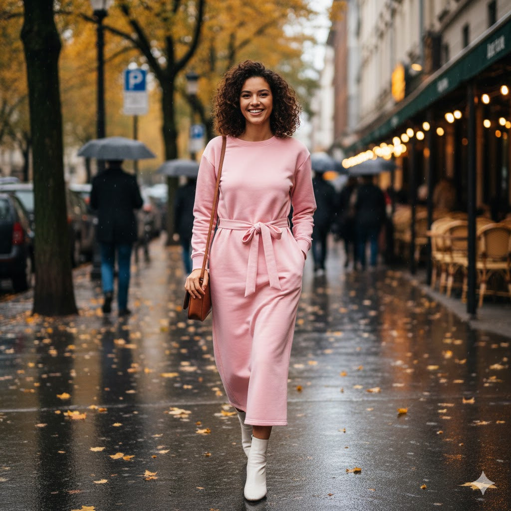 Chic Baby Pink Longline Belted Sweatshirt With Side Pockets