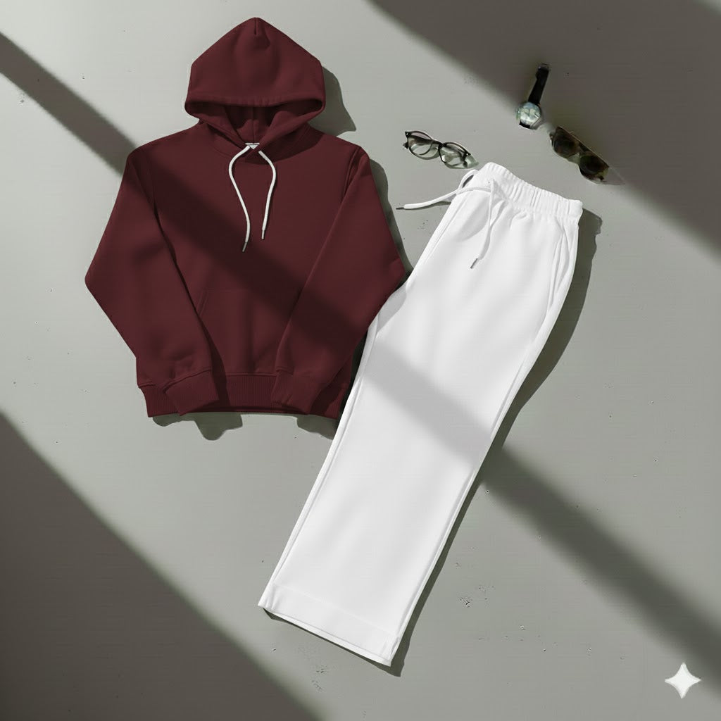 Cozy Maroon Hoodie & Classic White Wide-Leg Trouser Set