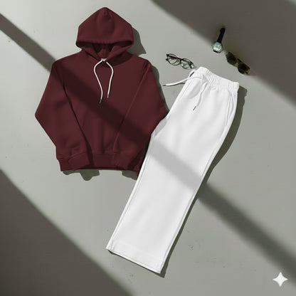 Cozy Maroon Hoodie & Classic White Wide-Leg Trouser Set