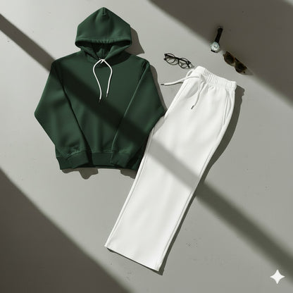 Cozy Green Hoodie & Classic White Wide-Leg Trouser Set