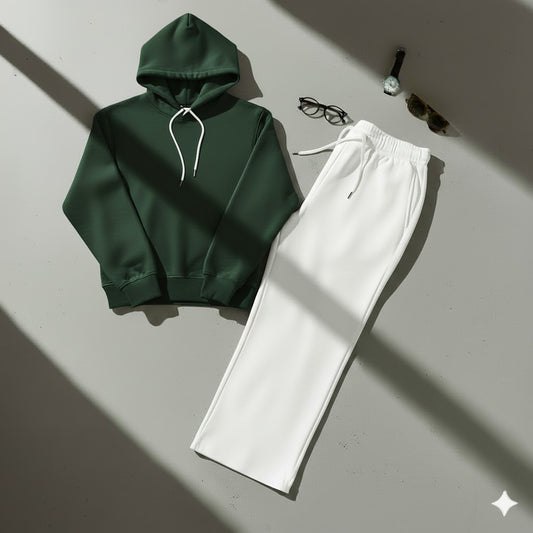 Cozy Green Hoodie & Classic White Wide-Leg Trouser Set