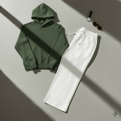 Cozy Olive Green Hoodie & Classic White Wide-Leg Trouser Set