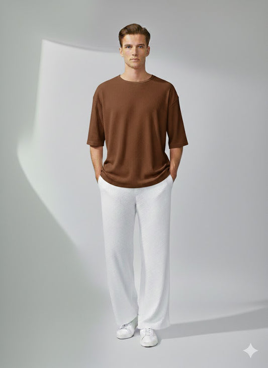 Chill Mode – Relaxed Oversized Tee & Trouser Set - DARK BROWN/WHITE
