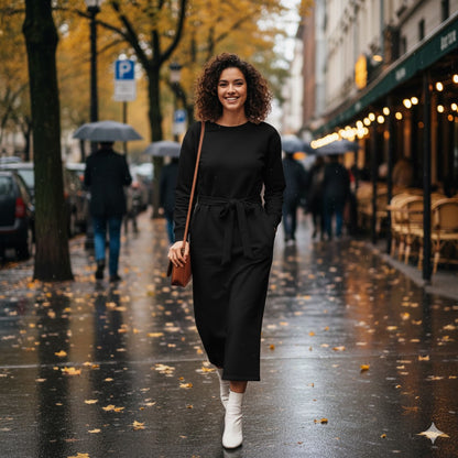 Chic Black Longline Belted Sweatshirt With Side Pockets