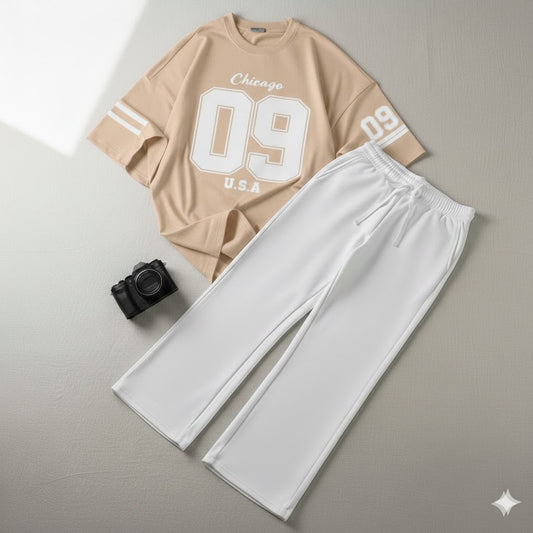 Urban Beige 09 Drop Shoulder Graphic Tee & White Wide-Leg Trouser Set